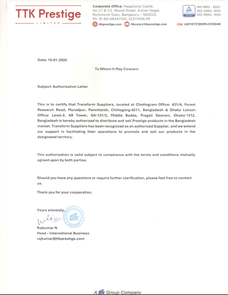 TTK Prestige Authentication Letter